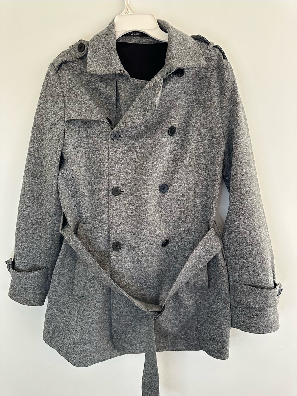 Zara Gray Double-Breasted Pea Coat with Belted Waist